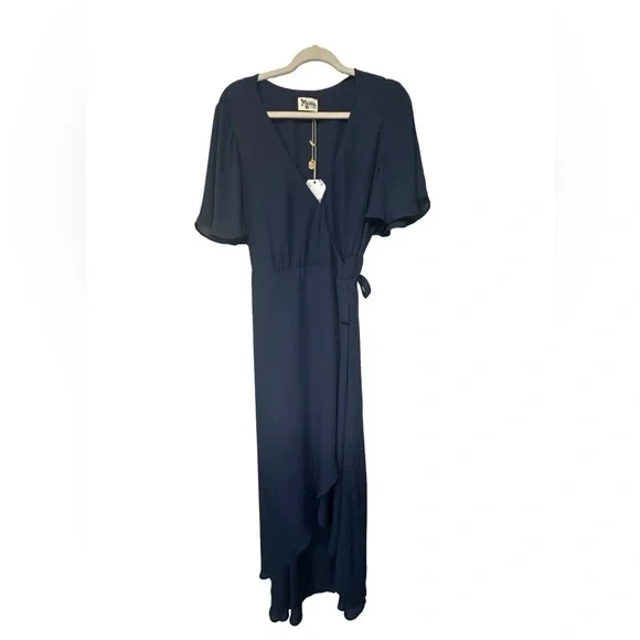 Show Me Your Mumu Womens Blue V-Neck Fluttered-Sleeve Marianne Wrap Dress XL - Picture 2 of 5